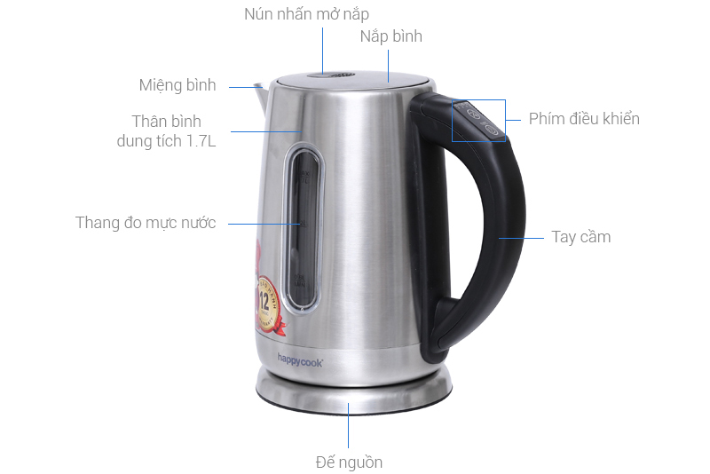 Ấm đun siêu tốc inox 304 điện tử 1.7 lít Happy Cook HEK-170D