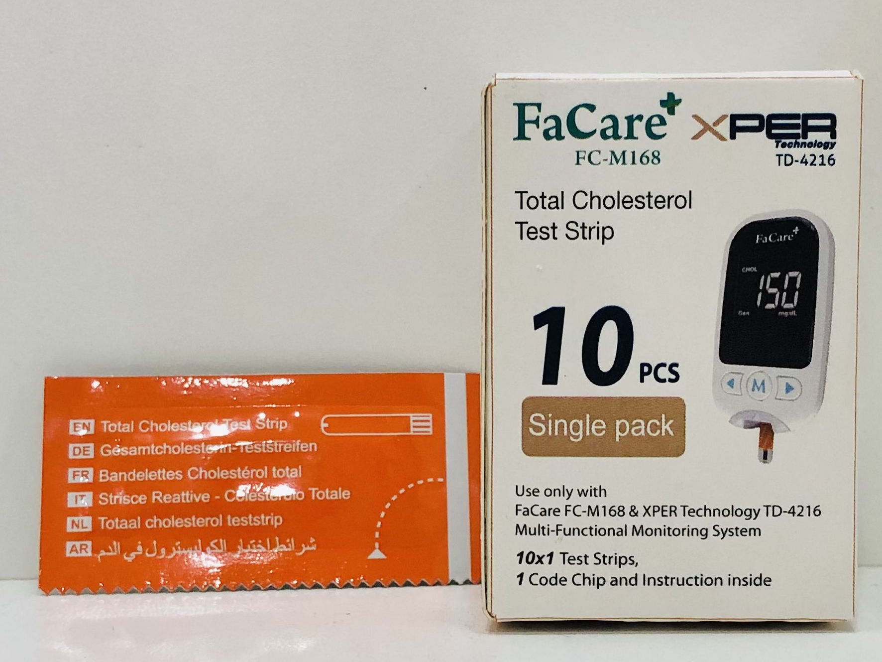 Hộp 10 que thử mỡ máu (Cholesterol) và kim lấy máu cho máy đo đường huyết 5 trong 1 FC-M168