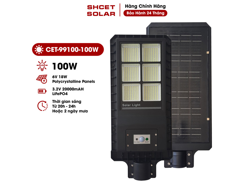 Đèn năng lượng mặt trời solar liền thể SHCET CET-99100-100W (chiếu sáng 80m2, chưa gồm chân đế)
