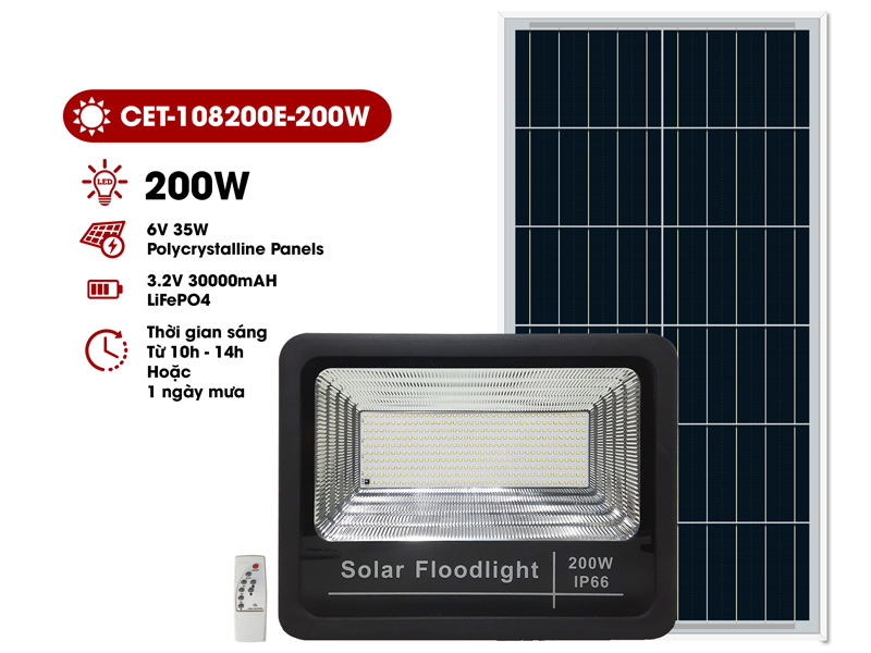 Đèn Solar LED năng lượng mặt trời CET-108200E-200W (chiếu sáng 320m2)