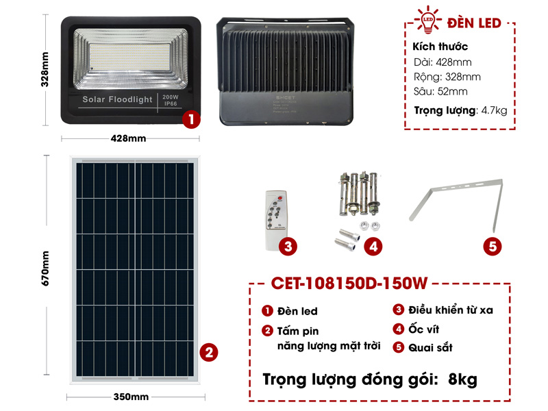 Đèn Solar LED năng lượng mặt trời CET-108200E-200W (chiếu sáng 320m2)