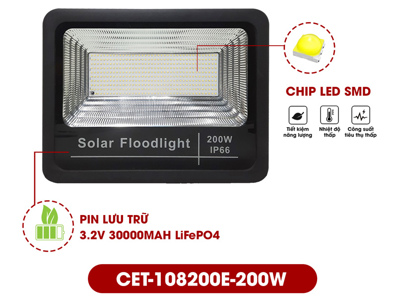 Đèn Solar LED năng lượng mặt trời CET-108200E-200W (chiếu sáng 320m2)