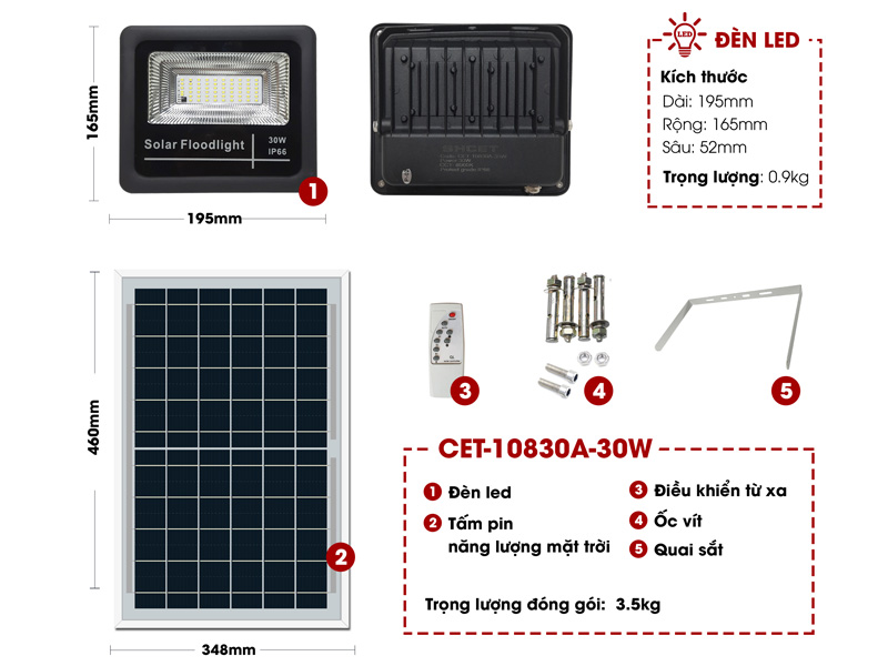 Đèn Solar LED năng lượng mặt trời CET-10830A-30W (chiếu sáng 130m2)