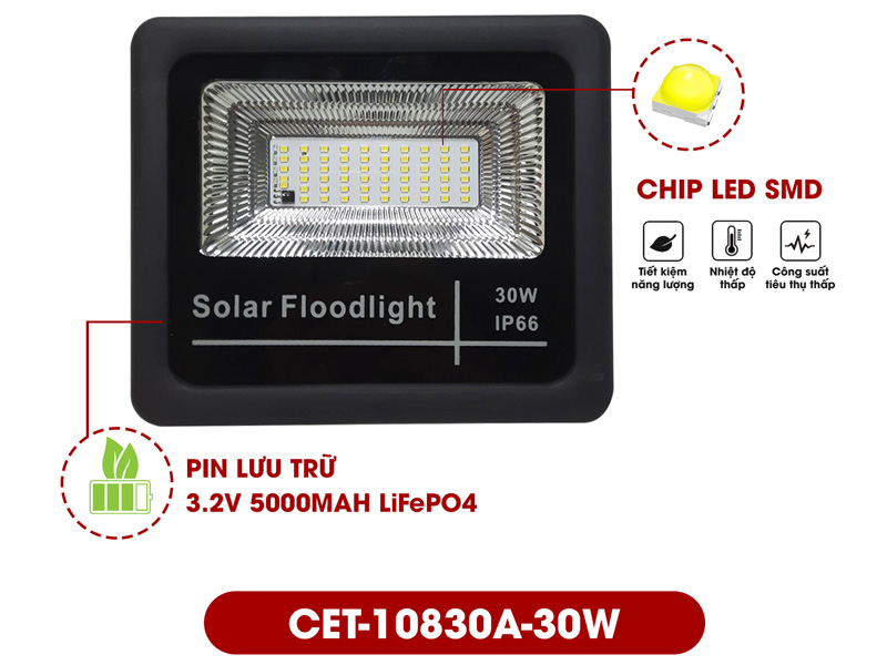 Đèn Solar LED năng lượng mặt trời CET-10830A-30W (chiếu sáng 130m2)