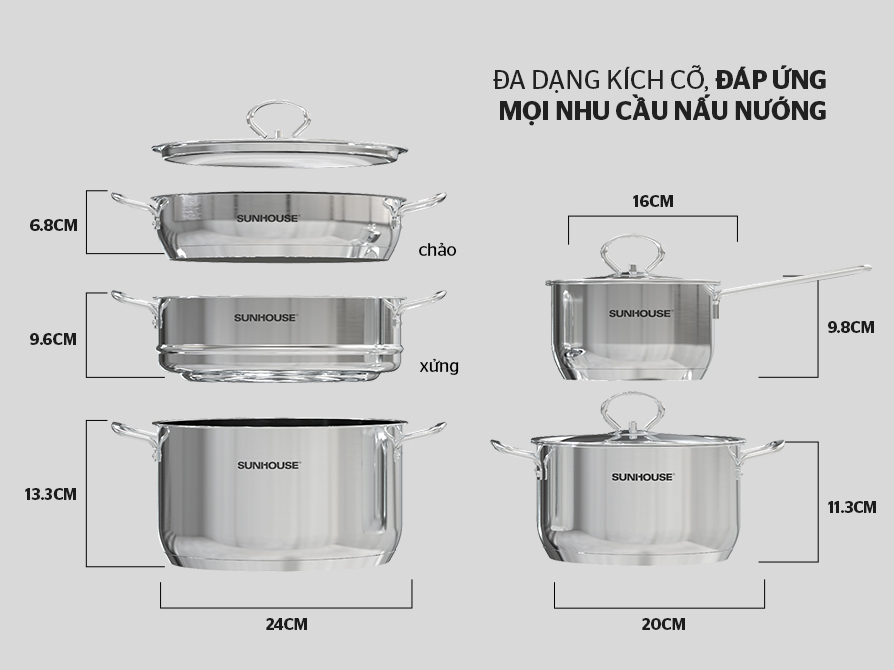 Bộ nồi chảo inox 5 món EASY COOK Sunhouse SHG996E