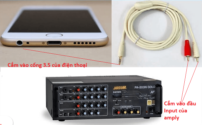 Đầu còn lại của jack AV 3.5 bạn hãy cắm vào cổng 3.5 của điện thoại.