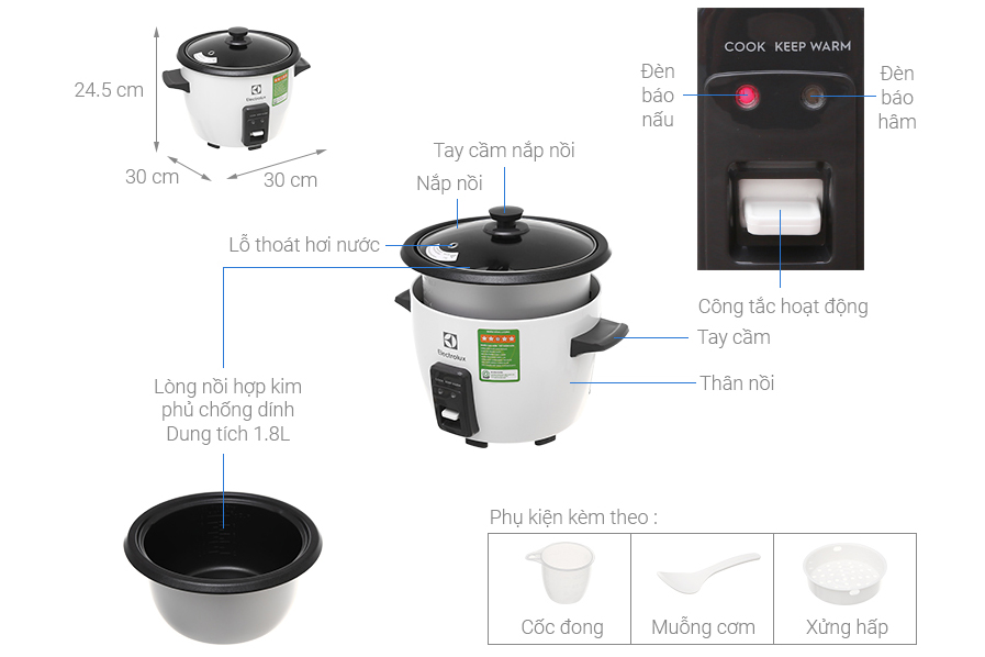 Nồi cơm điện nắp gài 1.8 lít Electrolux E4RC1-320P
