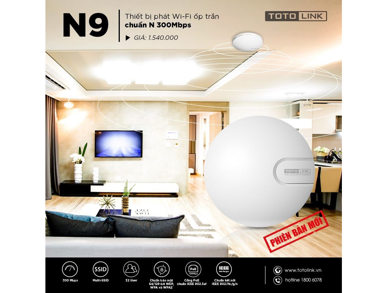 Thiết bị phát Wifi ốp trần Totolink N9 V2 chuẩn N 300Mbps
