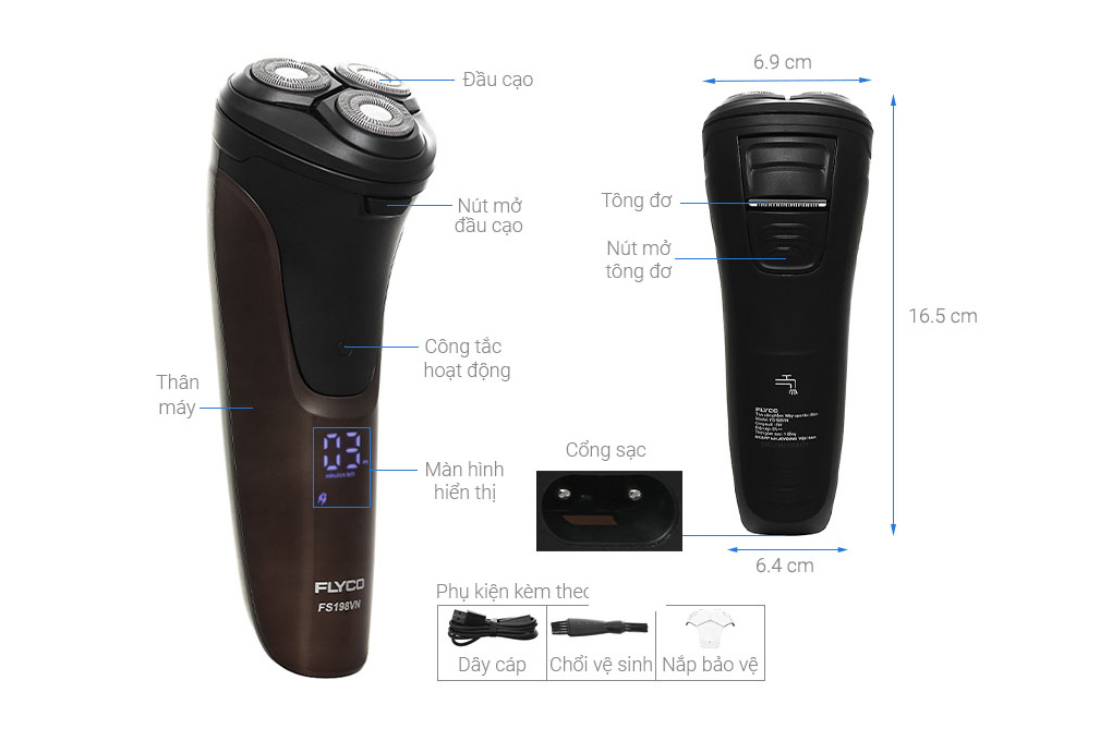 Máy cạo râu 3 lưỡi kép chống thấm nước Flyco FS-198VN