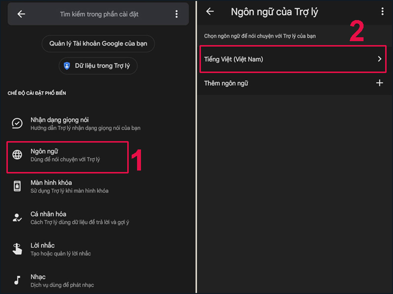 Nhấn chọn Ngôn ngữ -> Chọn tiếng Việt (Việt Nam) để lựa chọn ngôn ngữ nói chuyện với trợ lý Google