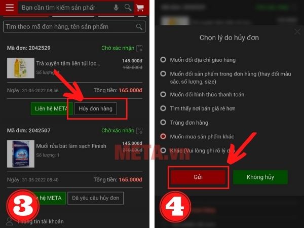 Cách hủy đơn hàng META