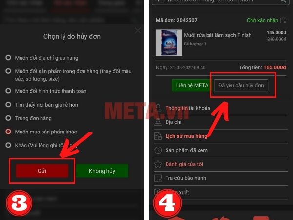 Hủy đơn hàng META đã xác nhận