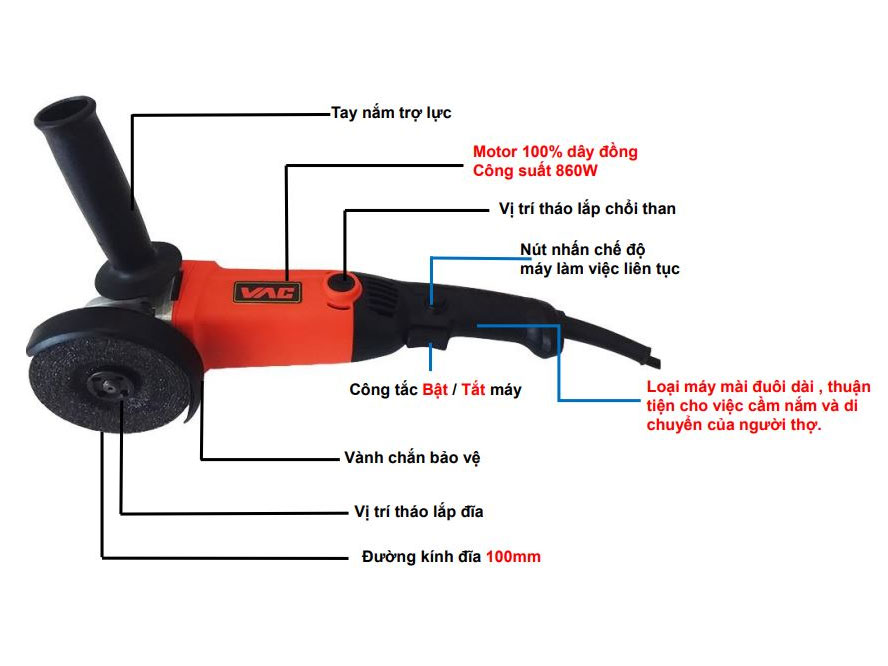 Máy mài góc VAC VA2105 860W đuôi dài