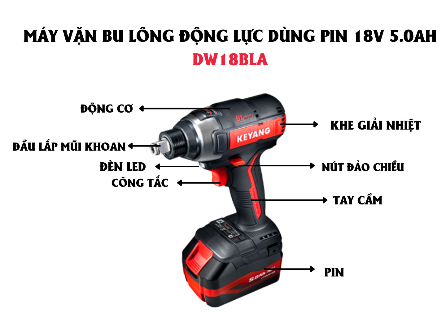 Máy vặn bu lông động lực dùng pin Keyang DW18BLA (18V 5.0Ah không chổi than)