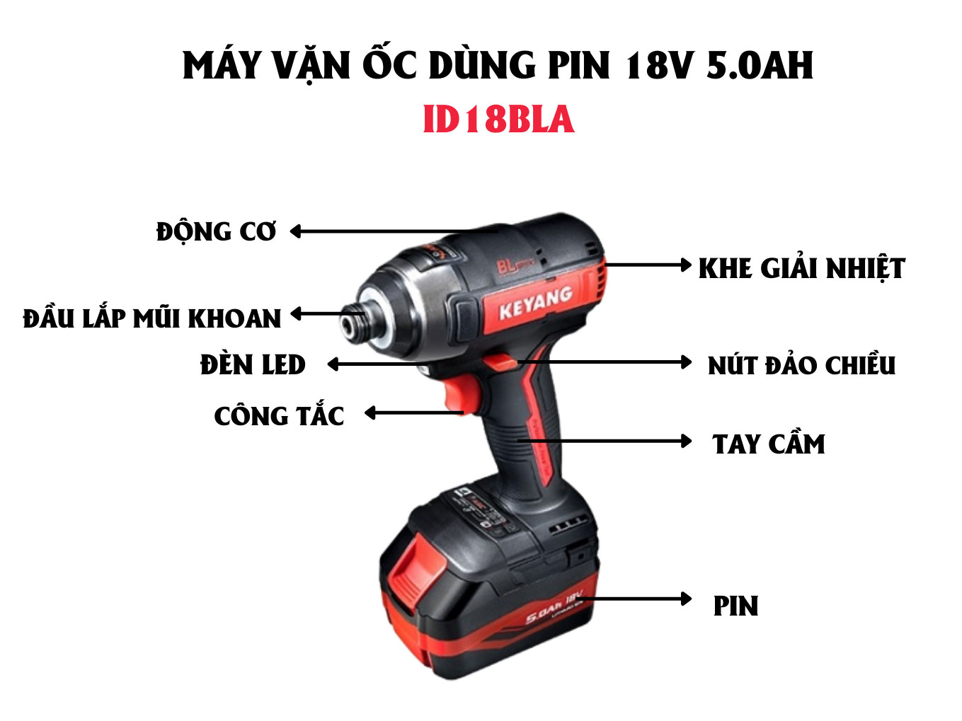 Máy vặn ốc dùng pin Keyang ID18BLA (18V 5.0Ah không chổi than)