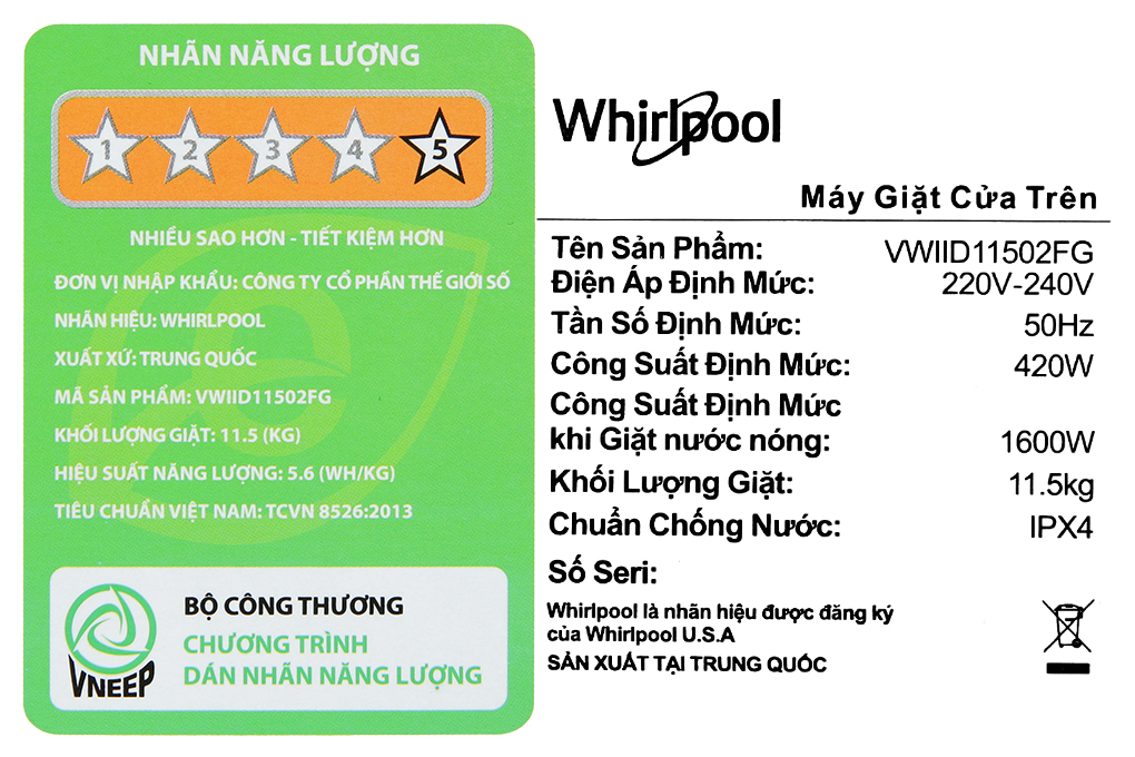 Máy giặt Whirlpool Inverter 11.5kg VWIID11502FG