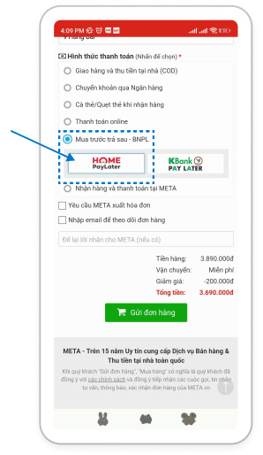Chọn hình thức thanh toán BNPL qua Home PayLater