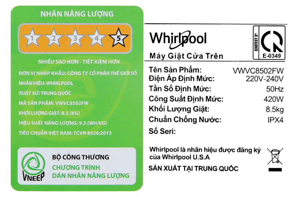 Máy giặt lồng đứng Whirlpool 8.5kg VWVC8502FW