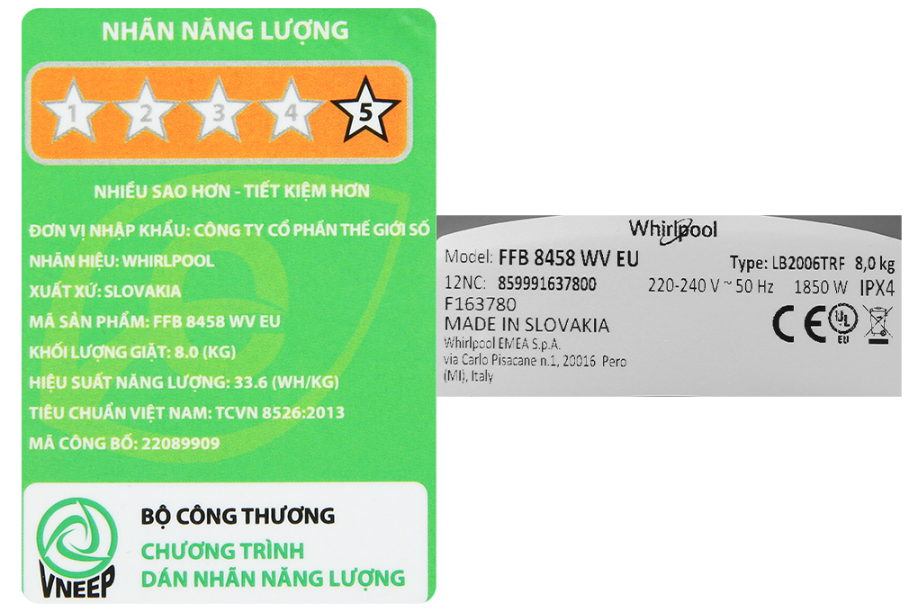 Máy giặt Whirlpool Inverter 8Kg FFB8458WVEU