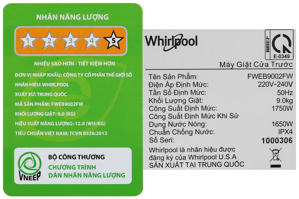 Máy giặt Whirlpool Inverter 9kg FWEB9002FW