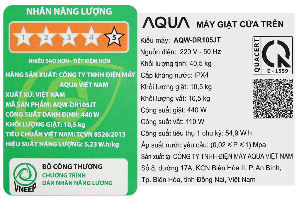 Máy giặt Aqua Inverter 10.5kg AQW-DR105JT BK