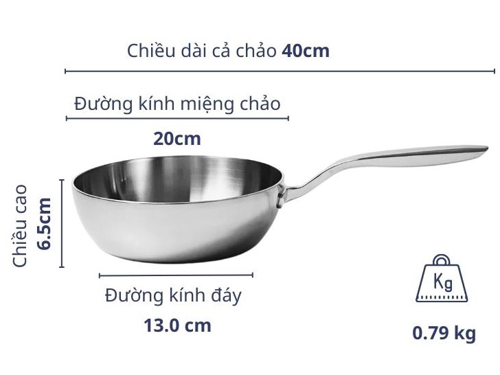 Chảo đúc inox 3 lớp đáy liền sâu lòng Tri-Ply Kaiyo size 20cm