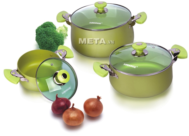 Bộ nồi Anod 3 chiếc nắp kính nhập khẩu SH9935