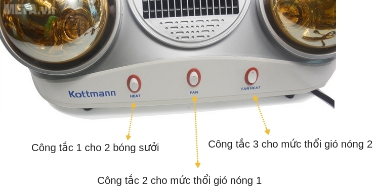 Đèn sưởi nhà tắm Kottmann 2 bóng kèm thổi gió nóng K2B-HW-S