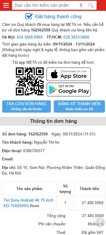 Đặt hàng thành công