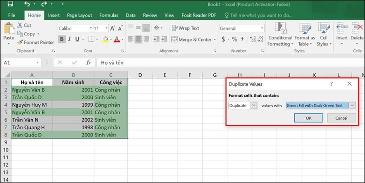 Một hộp thoại hiện ra, trong phần Values ​​with sẽ có cài đặt màu sắc để các giá trị trùng lặp nổi bật